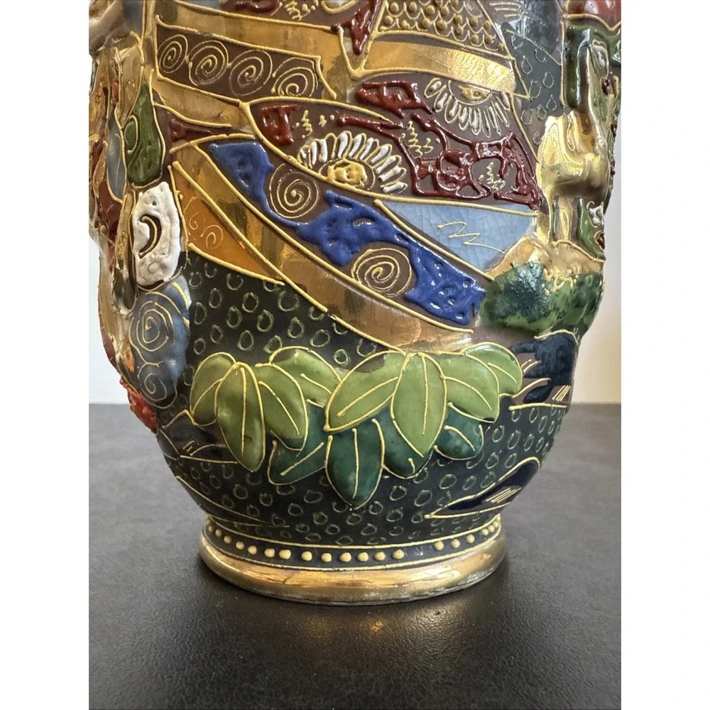 Antique Japanese Intricate Raised Enamel Moriage Satsuma Vase 6 Immortals Dragon